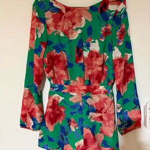 Lulu's Green Floral Long Sleeve Romper with Blue and Coral Accents